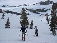 Skiing up to Pear Lake